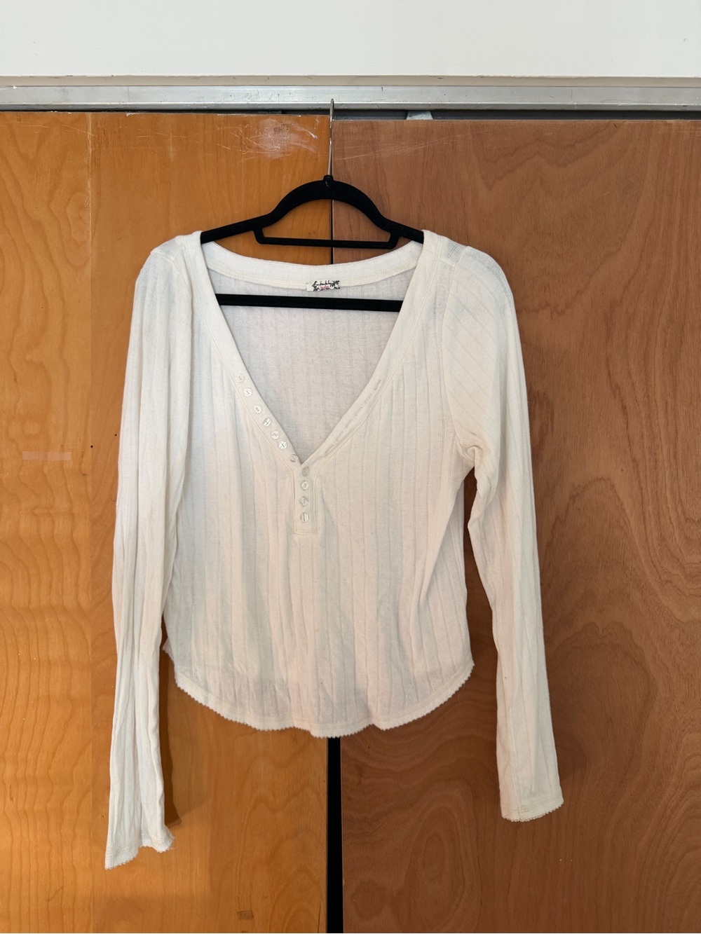 Free People Cream Ribbed V-Neck Henley Long Sleeve Top
